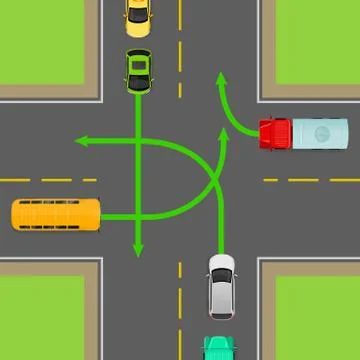 Turn Rules on Four-Way Intersection Vector Diagram Stock Illustration