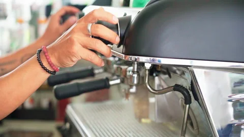 Turn on steamer espresso machine slow motion 100fps Video stock 156252115