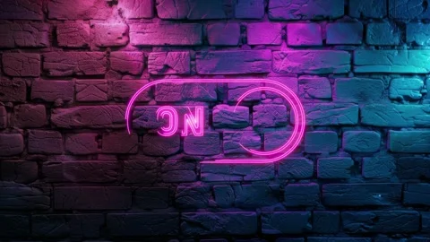 Turn on, Switch button icon neon animation on brick wall Stock Footage 276421942