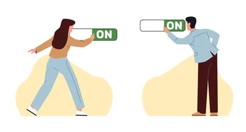 Turn switch on, start business, man and woman press on switch button. Launch Stock Illustration