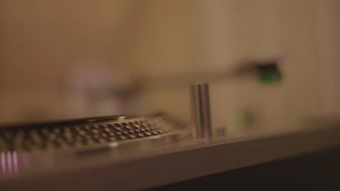 Turn Table Vinyl Record Player Close Up Stylized Metal Music Video stock 125063752