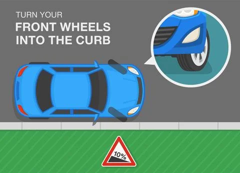 Turn your front wheels into the curb. Top view of a parked blue sedan car. Stockillustratie