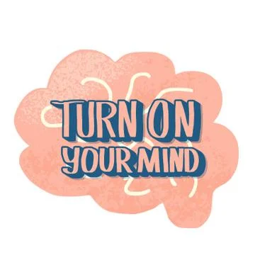 Turn on your mind badge. Stylized quote with brain symbol.  Vector conceptual 库存插图