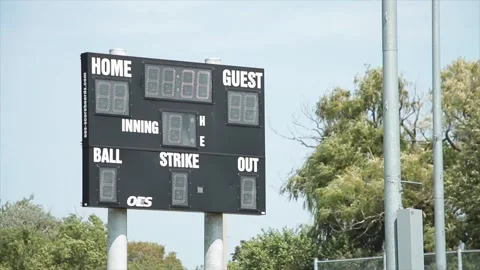 Turned off baseball electronic digital scoreboard on posts in outfield with time Stock Footage 252043211
