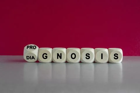 Turned dice and changes the word 'diagnosis' to 'prognosis'. Stock-Fotos