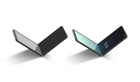 Turned on off flexible chamshell phone display half folded mockup Ilustración de archivo