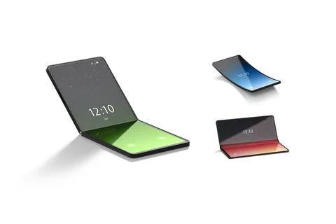 Turned on flexible clamshell phone display mockup, different views Ilustración de archivo