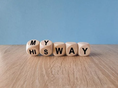 Turned wooden cubes and changes concept word his way to my way. Stock Photos