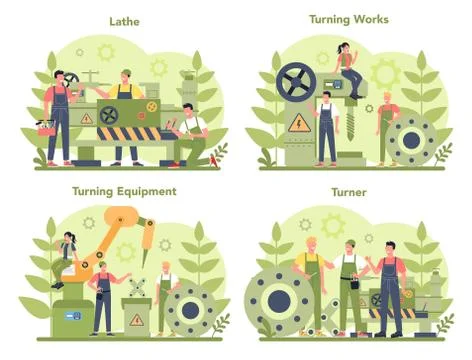 Turner or lathe concept set. Factory worker using turning machine Illustrazione stock