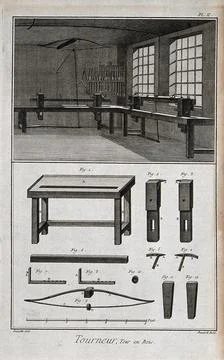 A turner's workshop, the crank of a large lathe, the tools ranged around th.. Stock Illustration