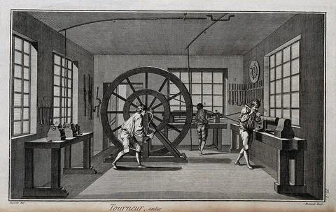 A turner's workshop, a man working the crank of a large lathe, tools ranged.. Stock Illustration