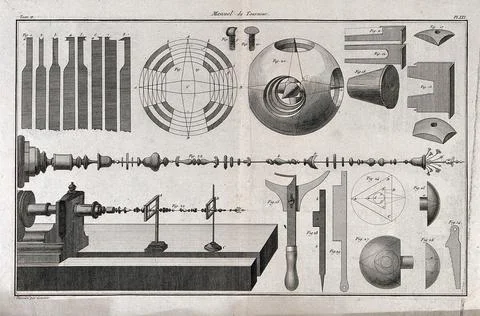 A turner's workshop, a man working the crank of a large lathe, the tools ra.. Stock Illustration