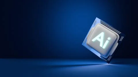 Turning AI processor on dark blue background. 3d render Stock Illustration