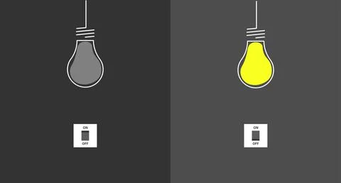 Turning On and Off Flat Light Bulb with Light Switches on Grey Background. イラスト素材