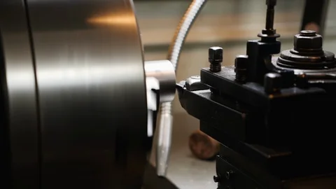 Turning bench lathe machine working - closeup, slow motion Video stock 126224859
