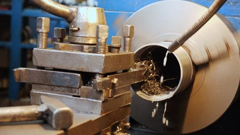 Turning bench lathe machine working - static camera Video stock 129736263