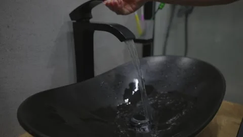 Turning On Black Faucet Close Up Stock Footage 329889433