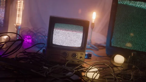 Turning Chaotic View of Room with Static Tv Screens, Tangled Cords, and Smokey Stock-Footage 270388878