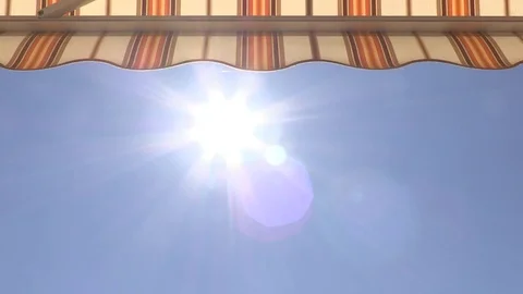 Turning colored striped automatic Sunblind down (Awning down covering Sun) Video stock 75969880