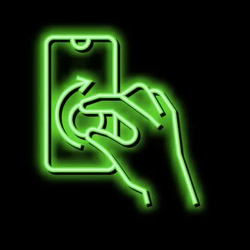 Turning digital button on smartphone screen neon glow icon illustration Illustrazione stock