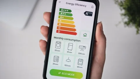 Turning on ECO mode using the energy efficiency rating app. Increasing savings Stock Footage 251216062