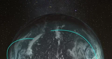Turning globe with changing blue arcs connecting locations against dark cosmos Stock Illustration