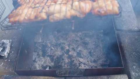 Turning a grid of chicken wings over a grill, slow motion Stock Footage 311973435