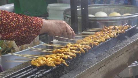 Turning grill Sate With Hands Stock Footage 108045069