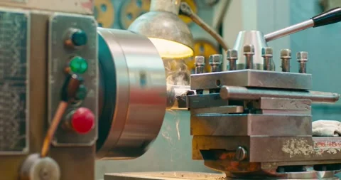 Turning Lathe Machine, CNC with smoke, turning machine close up Video stock 240808911