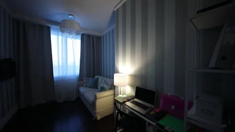 Turning light on and off in empty room for teenager with sofa, table, laptop, Stock Footage 276364300