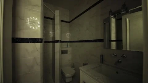 Turning light on and off in modern white bathroom with sink, shower in apartment Stock Footage 276364339