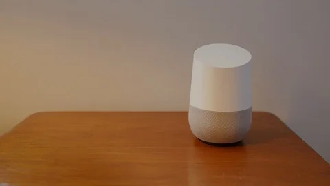 Turning Lights on with Google Home Smart Speaker Stock Footage 91625988