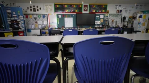 Turning motion to the right of small empty chairs and desks in an elementary Stock Footage 248266895