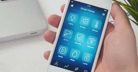 Turning on music system in the house using smarthome app on the smartphone Video stock 81820087