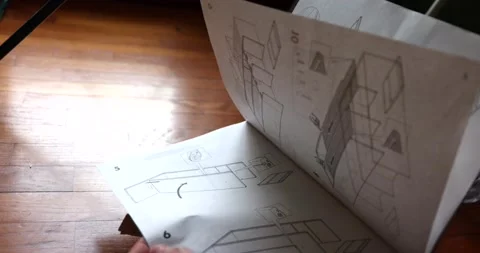 Turning pages of an instruction of assembling a closet near the floor at home Stock Footage 150393467