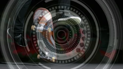 Turning scope scanning with low section man doing skateboard Stock Footage 208830686