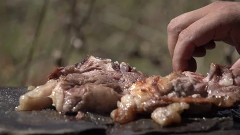 Turning Sizzling Meat on Stone Over Fire – Close-Up Stock Footage 317887601