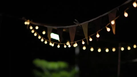 Turning On String Lights at a Backyard Campsite Stock Footage 346534044