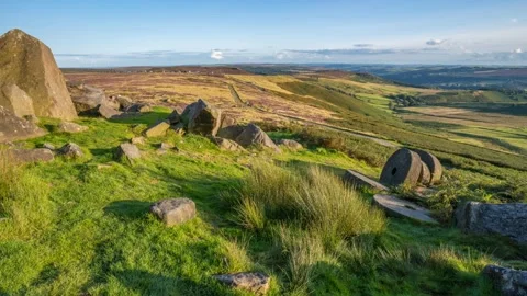 Turning time from Curbar Edge, Peak District National Park, Derbyshire, England Stock Footage 249358494