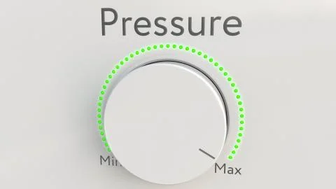 Turning white hi-tech knob with pressure inscription from minimum to maximum Illustrazione stock