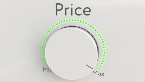 Turning white hi-tech knob with price inscription from minimum to maximum Stock-Illustration