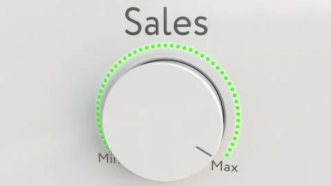 Turning white hi-tech knob with sales inscription from minimum to maximum Illustrazione stock
