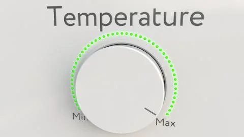 Turning white hi-tech knob with temperature inscription from minimum to maximum Illustrazione stock