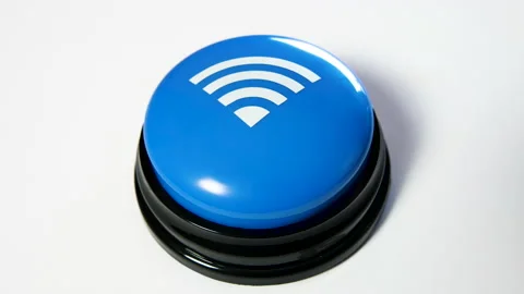 Turning on Wi-Fi by pushing blue button. Fast free network connection, internet Stock Footage 142065101
