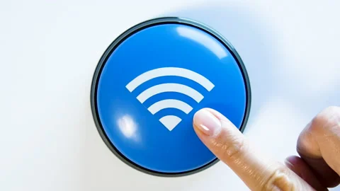 Turning on Wi-Fi by pushing blue button. Fast free network connection, internet Stock Footage 142065161