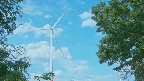 Turning wind turbine seen through lush trees 스톡 동영상 203917702