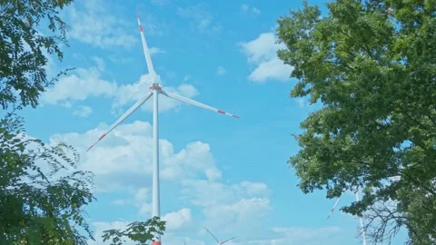 Turning wind turbine seen through lush trees 스톡 동영상 203917705
