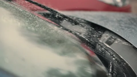 Turning On Windshield Wipers.Washer Fluid Spray.Windshield Wipers In Rain Stock Footage 143201233