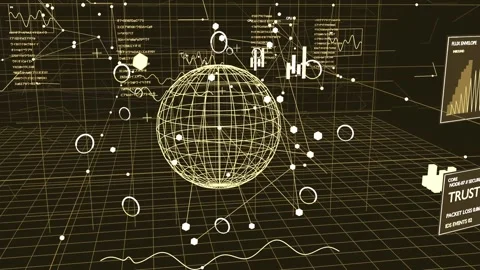 Turning wireframe sphere orbiting nodes and linking lines as cam moving closer Stock Footage 337505065