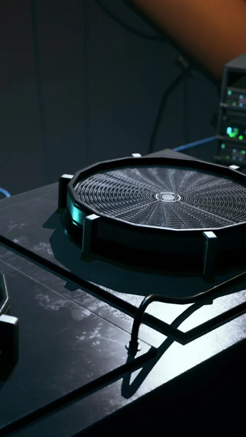 Turntable on a black platform in a sound studio during a recording session Stock Footage 338387788